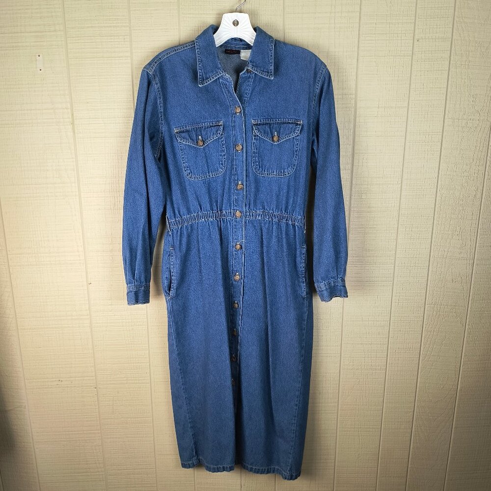 Vintage 90s Gloria Vanderbilt Denim Dress Long Sleeve Straight Skirt Button